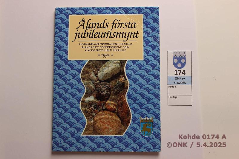 k-0174-a.jpg - Kohde 174 (kuva 1/2), lhthinta: 10 € / myyntihinta: 18 € 100 mk 1991 Ag. Ahvenanmaa pahvikansissa. Kolikon reunassa hieman patinaa, kunto: 9