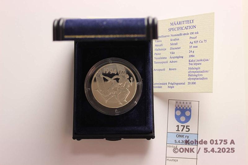 k-0175-a.jpg - Kohde 175, lhthinta: 10 € / myyntihinta: 16 € 100 mk 1994 Ag. Proof, EM, tod, laatikko, kunto: 10