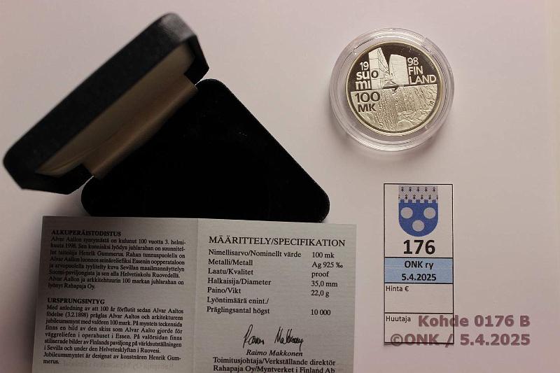 k-0176-b.jpg - Kohde 176 (kuva 2/2), lhthinta: 20 € / myyntihinta: 21 € 100 mk 1998 Ag. Proof, Aalto, tod, laatikko, kunto: 10