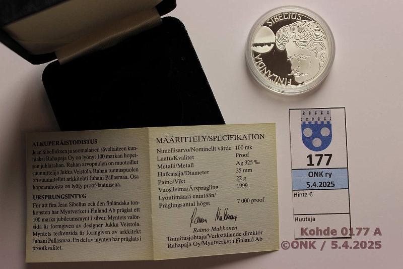 k-0177-a.jpg - Kohde 177 (kuva 1/2), lhthinta: 20 € / myyntihinta: 20 € 100 mk 1999 Ag. Proof, Sibelius, tod, laatikko, kunto: 10