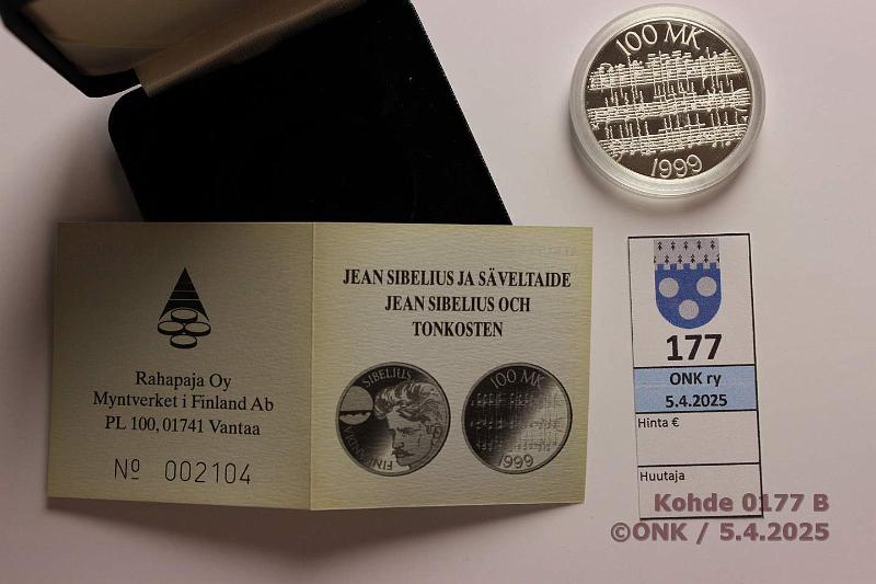 k-0177-b.jpg - Kohde 177 (kuva 2/2), lhthinta: 20 € / myyntihinta: 20 € 100 mk 1999 Ag. Proof, Sibelius, tod, laatikko, kunto: 10