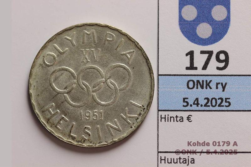 k-0179-a.jpg - Kohde 179 (kuva 1/2), lhthinta: 125 € / myyntihinta: 125 € 500 mk 1951 Ag, kunto: 8