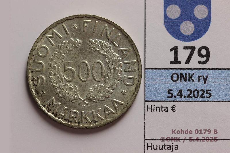 k-0179-b.jpg - Kohde 179 (kuva 2/2), lhthinta: 125 € / myyntihinta: 125 € 500 mk 1951 Ag, kunto: 8