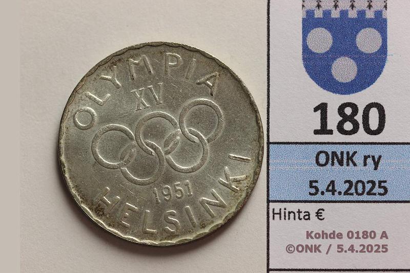k-0180-a.jpg - Kohde 180 (kuva 1/2), lhthinta: 125 € / myyntihinta: 125 € 500 mk 1951 Ag, kunto: 8