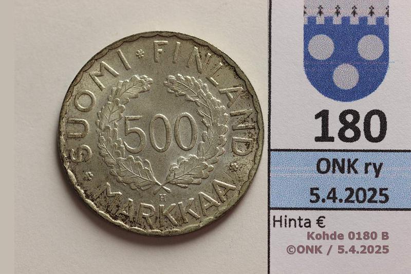 k-0180-b.jpg - Kohde 180 (kuva 2/2), lhthinta: 125 € / myyntihinta: 125 € 500 mk 1951 Ag, kunto: 8