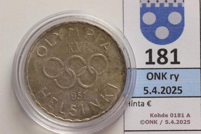 k-0181-a.jpg - Kohde 181 (kuva 1/2), lhthinta: 125 € / myyntihinta: 125 € 500 mk 1951 Ag. Kapseli, kunto: 8