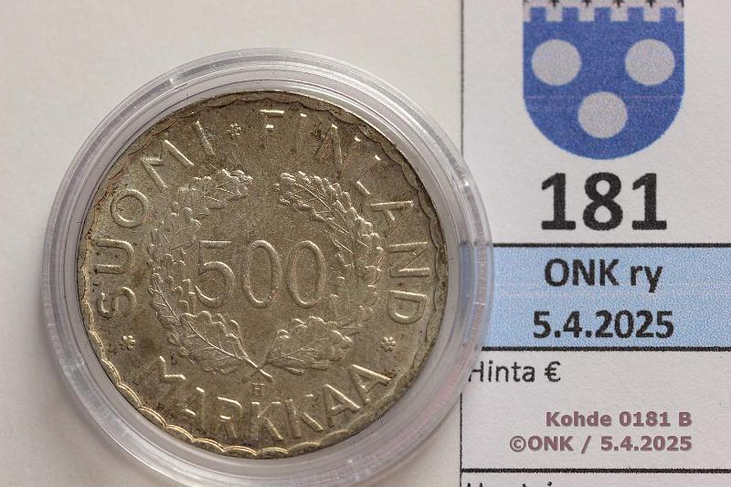 k-0181-b.jpg - Kohde 181 (kuva 2/2), lhthinta: 125 € / myyntihinta: 125 € 500 mk 1951 Ag. Kapseli, kunto: 8