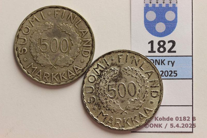 k-0182-b.jpg - Kohde 182 (kuva 2/2), lhthinta: 125 € / myyntihinta: 125 € 500 mk 1951 ja -52 Ag, kunto: 6, 5