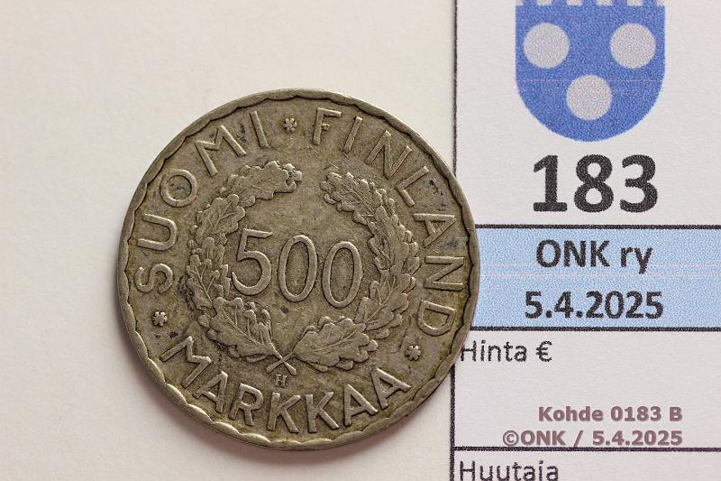 k-0183-b.jpg - Kohde 183 (kuva 2/2), lhthinta: 5 € / myyntihinta: 5 € 500 mk 1952 Ag. Metallivika, kunto: 5