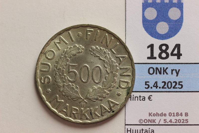 k-0184-b.jpg - Kohde 184 (kuva 2/2), lhthinta: 5 € / myyntihinta: 8 € 500 mk 1952 Ag, kunto: 8