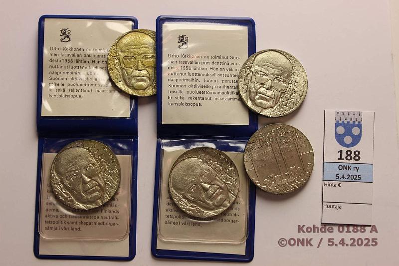 k-0188-a.jpg - Kohde 188, lhthinta: 30 € / myyntihinta: 40 € 10 mk (5) 1975 Ag. UKK, 58,75g puhdasta hopeaa. Kahdessa vihre patina, kunto: 6-9