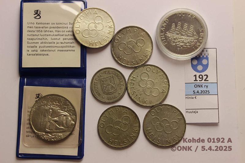k-0192-a.jpg - Kohde 192, lhthinta: 65 € / ei tarjouksia 10 - 500 mk (8) 1952-91 Ag. 10mk -75; 100mk -91 land; 200mk -56; 500mk -52(5). Yht. 68,1g puhdasta hopeaa, kunto: 6-9