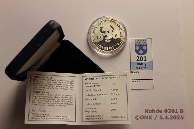 k-0201-b.jpg - Kohde 201 (kuva 2/2), lhthinta: 12 € / myyntihinta: 18 € 10 € 2004 Ag, Proof, Runeberg, kotelo, tod, kaps sr, p.hapettumaa, kunto: 10