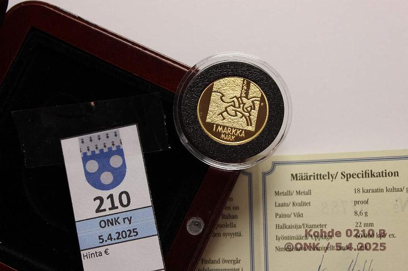 k-0210-b.jpg - Kohde 210 (kuva 2/2), lhthinta: 400 € / myyntihinta: 536 € 1 mk 2001 Au, 8,6g/750. Proof, laatikko, tod, kunto: 10