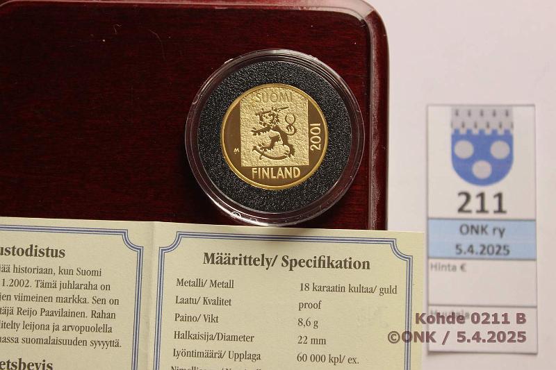 k-0211-b.jpg - Kohde 211 (kuva 2/2), lhthinta: 400 € / myyntihinta: 520 € 1 mk 2001 Au, 8,6g/750. Proof, laatikko, tod, kunto: 10