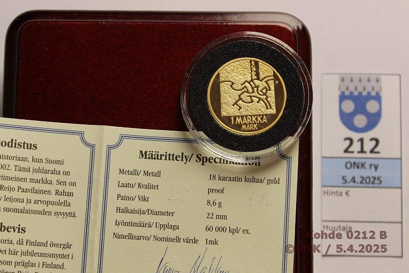 k-0212-b.jpg - Kohde 212 (kuva 2/2), lhthinta: 400 € / myyntihinta: 540 € 1 mk 2001 Au, 8,6g/750. Proof, laatikko, tod, kunto: 10