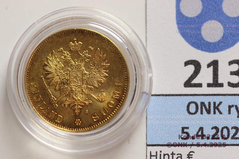 k-0213-a.jpg - Kohde 213 (kuva 1/2), lhthinta: 250 € / myyntihinta: 370 € 10 mk 1879 Au. Kapselissa, kunto: 9