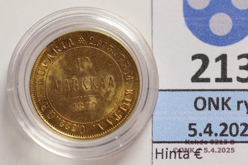 k-0213-b.jpg - Kohde 213 (kuva 2/2), lhthinta: 250 € / myyntihinta: 370 € 10 mk 1879 Au. Kapselissa, kunto: 9