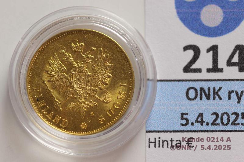 k-0214-a.jpg - Kohde 214 (kuva 1/2), lhthinta: 250 € / myyntihinta: 360 € 10 mk 1882 Au. Hnja, kapselissa, kunto: 9