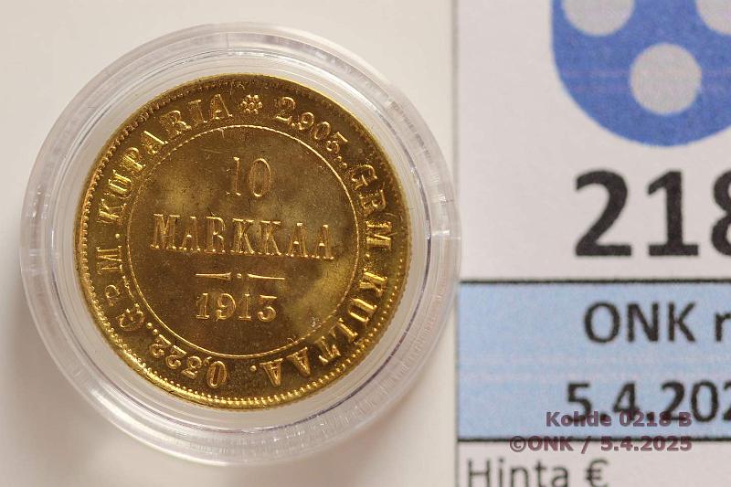k-0218-b.jpg - Kohde 218 (kuva 2/2), lhthinta: 250 € / myyntihinta: 370 € 10 mk 1913 Au. Kapselissa, kunto: 9