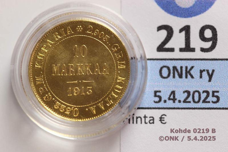 k-0219-b.jpg - Kohde 219 (kuva 2/2), lhthinta: 250 € / myyntihinta: 390 € 10 mk 1913 Au. Kapselissa, kunto: 9