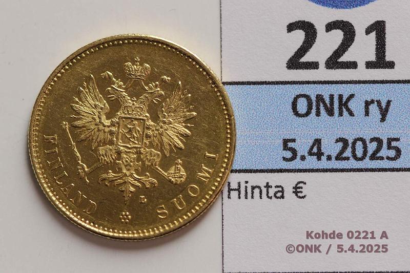 k-0221-a.jpg - Kohde 221 (kuva 1/2), lhthinta: 400 € / myyntihinta: 620 € 20 mk 1903 Au. Hnja, kunto: 8