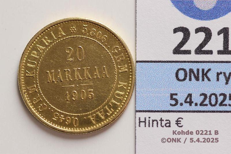 k-0221-b.jpg - Kohde 221 (kuva 2/2), lhthinta: 400 € / myyntihinta: 620 € 20 mk 1903 Au. Hnja, kunto: 8