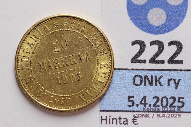 k-0222-b.jpg - Kohde 222 (kuva 2/2), lhthinta: 400 € / myyntihinta: 620 € 20 mk 1903 Au. Hnja, kunto: 8