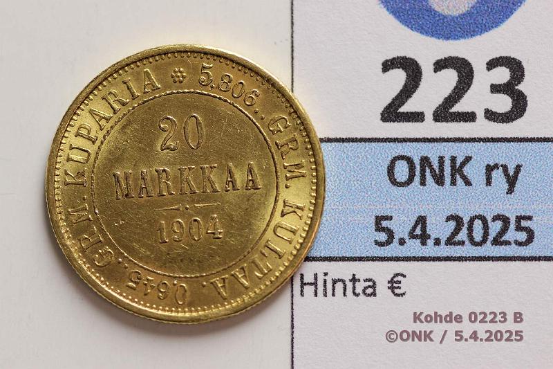 k-0223-b.jpg - Kohde 223 (kuva 2/2), lhthinta: 400 € / myyntihinta: 620 € 20 mk 1904 Au. Hnja, kunto: 8