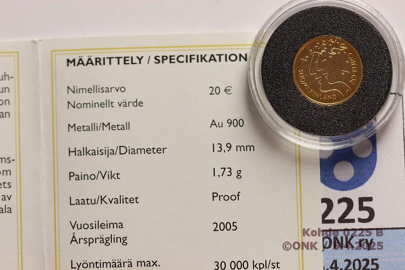 k-0225-b.jpg - Kohde 225 (kuva 2/2), lhthinta: 60 € / myyntihinta: 125 € 20 € 2005 Au, 1,73g/900. Proof, YU MM, kotelo, tod, kunto: 10
