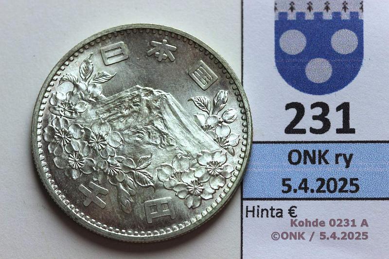k-0231-a.jpg - Kohde 231 (kuva 1/2), lhthinta: 10 € / myyntihinta: 16 € Japani 1000  1964 Y#80 Ag, 20g/750, Tokio 1964. Patinaa arvopuolella, kunto: 9