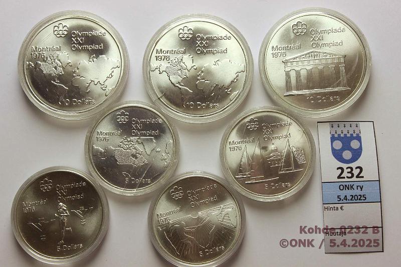 k-0232-b.jpg - Kohde 232 (kuva 2/2), lhthinta: 150 € / myyntihinta: 155 € Kanada 5 + 10 $ (4+3) 1973-76 KM#84-86, 94, 98, 107 Ag, 4x24,3g + 3x48,6g/925 = 224,8g puhdasta hopeaa. Montreal 1976. Kapselit, osassa srj, kunto: 9