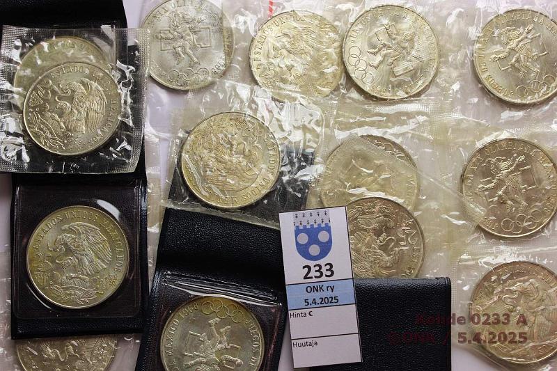 k-0233-a.jpg - Kohde 233, lhthinta: 200 € / myyntihinta: 200 € Meksiko 25 pesos (17) 1968 KM#479.1 Ag, 17x22,5g/720 = 275,4g puhdasta hopeaa. Mexico City 1968. Suurin osa alkup. pakkauksissa, kunto: 7-9