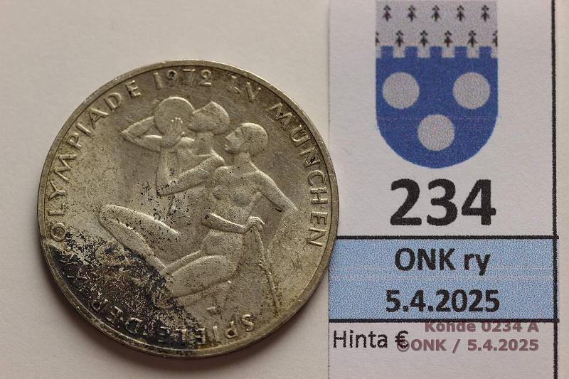 k-0234-a.jpg - Kohde 234 (kuva 1/2), lhthinta: 5 € / myyntihinta: 5 € Saksa 10 mk 1972 F KM#132 Ag, 15,5g/625, Mnchen 1972, Athleten. Patinaa, kunto: 6
