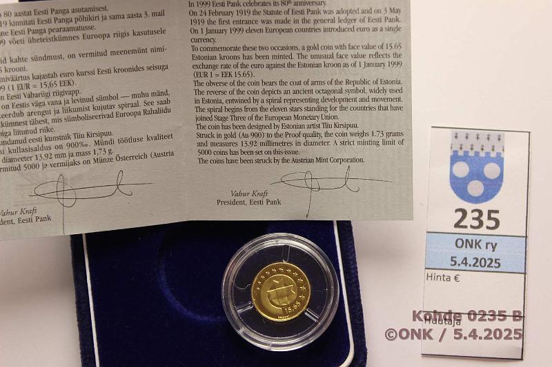 k-0235-b.jpg - Kohde 235 (kuva 2/2), lhthinta: 60 € / myyntihinta: 137 € Eesti 15,65 kr 1999 KM#37 Au, 1,73g/900. Proof, laatikko, tod, kunto: 10
