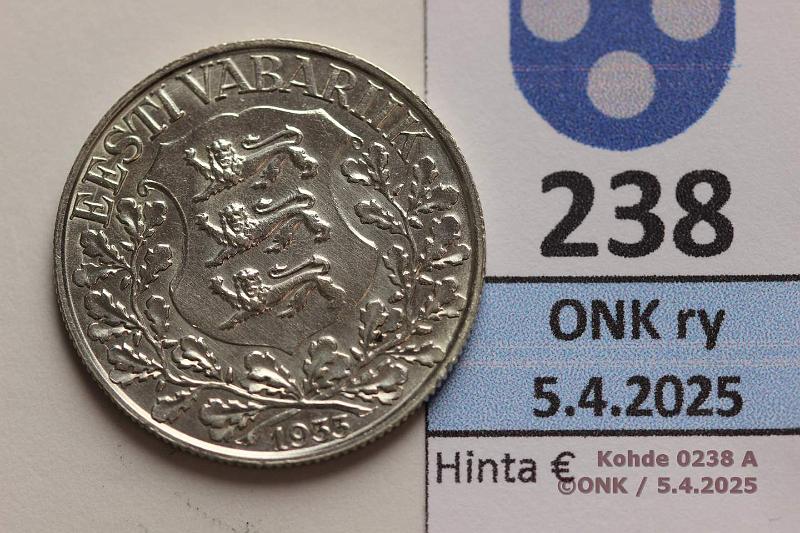k-0238-a.jpg - Kohde 238 (kuva 1/2), lhthinta: 70 € / myyntihinta: 105 € Eesti 1 kr 1933 KM#14 Ag, 6g/500. 10. Song Festival, kunto: 9