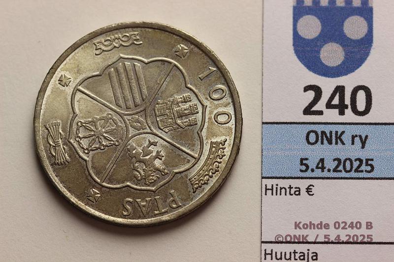 k-0240-b.jpg - Kohde 240 (kuva 2/2), lhthinta: 10 € / myyntihinta: 10 € Espanja 100 ptas 1966 KM#797 Ag, 19g/800. Francisco Franco, hieman patinaa, kunto: 9