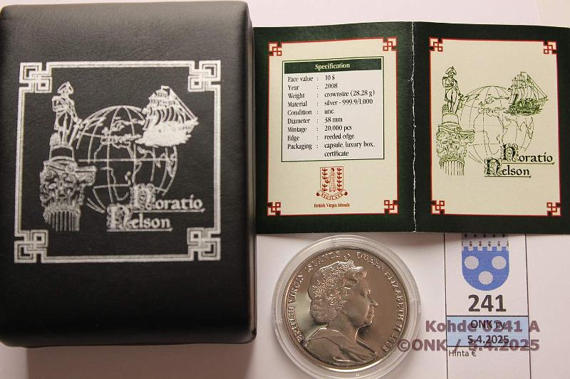 k-0241-a.jpg - Kohde 241 (kuva 1/2), lhthinta: 25 € / myyntihinta: 34 € Neitsytsaaret 10 $ 2008 N##332791 Ag, 28,28g/999. Horatio Nelson. Laatikko, kaps, tod, kunto: 9