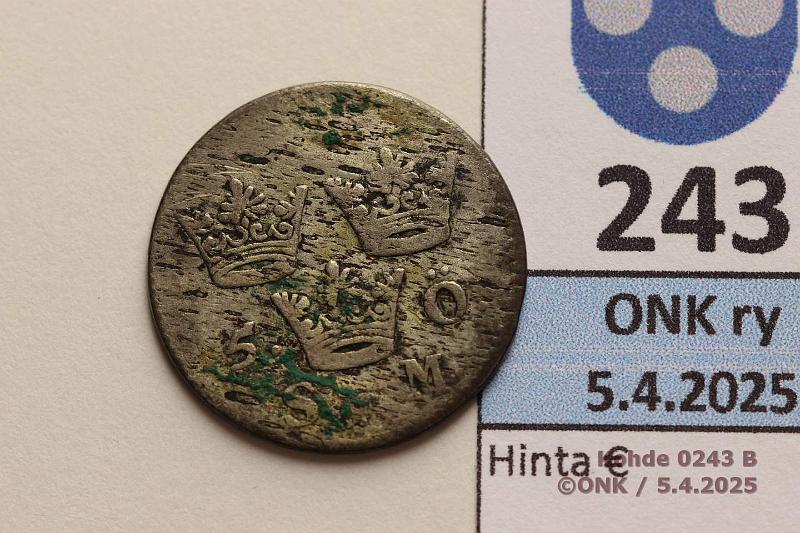 k-0243-b.jpg - Kohde 243 (kuva 2/2), lhthinta: 5 € / myyntihinta: 5 € Ruotsi 5  SM 1691 KM#310 Ag, kunto: 3
