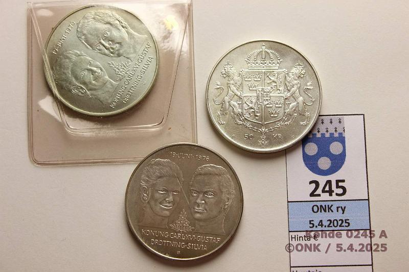 k-0245-a.jpg - Kohde 245 (kuva 1/2), lhthinta: 50 € / myyntihinta: 63 € Ruotsi 50 kr (3) 1976 KM#854 Ag, 3x27,03g/925, Royal Wedding, kunto: 9