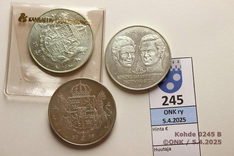 k-0245-b.jpg - Kohde 245 (kuva 2/2), lhthinta: 50 € / myyntihinta: 63 € Ruotsi 50 kr (3) 1976 KM#854 Ag, 3x27,03g/925, Royal Wedding, kunto: 9