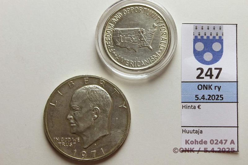 k-0247-a.jpg - Kohde 247 (kuva 1/2), lhthinta: 20 € / myyntihinta: 24 € USA  + 1 $ 1954, -71 KM#200, 203 Ag, 12,5g/900 $-54 Carver; CuNi 1$-71 Eisenhower, kunto: 8
