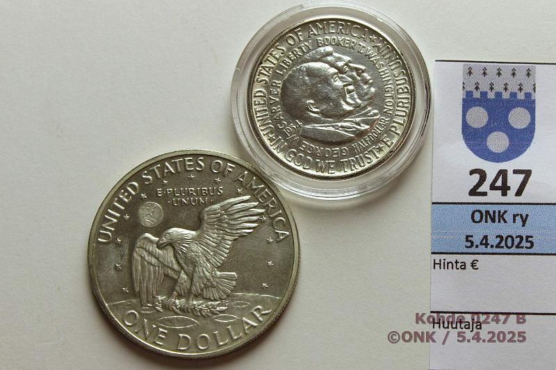k-0247-b.jpg - Kohde 247 (kuva 2/2), lhthinta: 20 € / myyntihinta: 24 € USA  + 1 $ 1954, -71 KM#200, 203 Ag, 12,5g/900 $-54 Carver; CuNi 1$-71 Eisenhower, kunto: 8