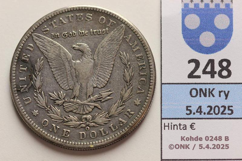k-0248-b.jpg - Kohde 248 (kuva 2/2), l�ht�hinta: 20 &euro; / myyntihinta: 32 &euro; USA 1 $ 1899 O KM#110 Ag, 26,7g/900. Morgan dollar, kunto: 5