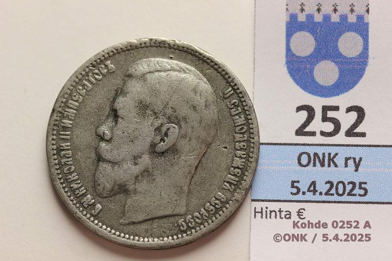 k-0252-a.jpg - Kohde 252 (kuva 1/2), lhthinta: 5 € / myyntihinta: 5 € Venj 1 rpl 1901 (Y#59.3) Tinavrenne? ФЗ, isoja reunavikoja, paino 14,73g, pitisi olla 20g., kunto: 3