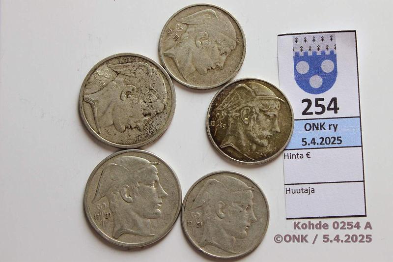 k-0254-a.jpg - Kohde 254 (kuva 1/2), lhthinta: 27 € / myyntihinta: 27 € Belgia (5) 1948-51 Ag, 49g/835. 20f -49, -50, -51; 50f -48, -51, kunto: 4-5
