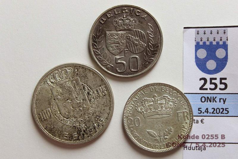 k-0255-b.jpg - Kohde 255 (kuva 2/2), lhthinta: 23 € / myyntihinta: 28 € Belgia (3) 1935-60 Ag, 41,5g/835. 20f -35; 50f -60; 100f -51, kunto: 5-6