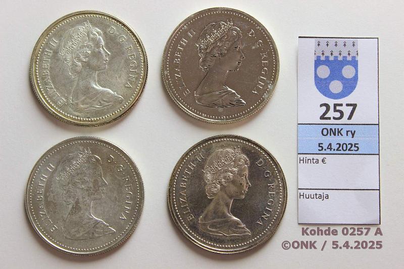 k-0257-a.jpg - Kohde 257 (kuva 1/2), lhthinta: 32 € / myyntihinta: 37 € Kanada (4) 1973-83 Ag, 93,3/500. 1$ -73(2), -81, -83, kunto: 7-9