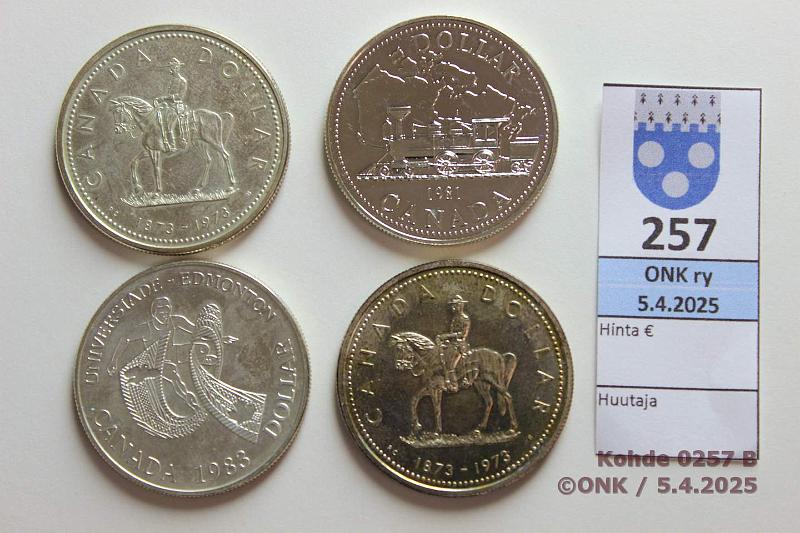 k-0257-b.jpg - Kohde 257 (kuva 2/2), lhthinta: 32 € / myyntihinta: 37 € Kanada (4) 1973-83 Ag, 93,3/500. 1$ -73(2), -81, -83, kunto: 7-9