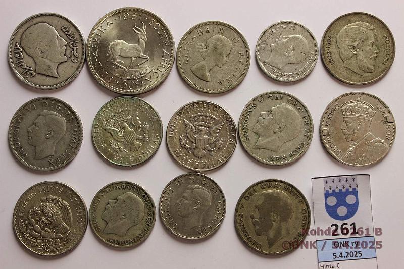 k-0261-b.jpg - Kohde 261 (kuva 2/2), lhthinta: 65 € / myyntihinta: 82 € Er isoja hopearahoja (14) 1921-61 Ag, 202g/500. Etel-Afrikka(2), UK(4), NZ, USA(2), Unkari(2), Irak, Meksiko, Bulgaria, kunto: 4-8